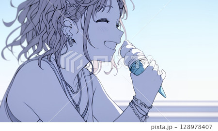 夏空の下でソフトクリーム（コーンに乗ったアイスクリーム）をたべる若い女性（シンプルな色使い）