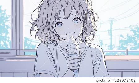 夏空の下でソフトクリーム（コーンに乗ったアイスクリーム）をたべる若い女性（シンプルな色使い）