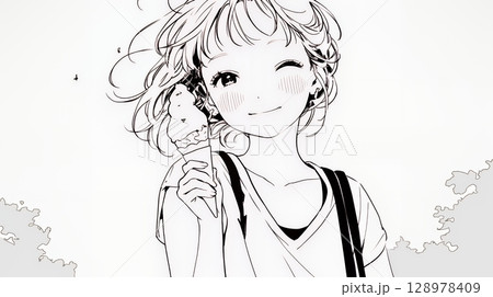 夏空の下でソフトクリーム（コーンに乗ったアイスクリーム）をたべる若い女性（シンプルな色使い）