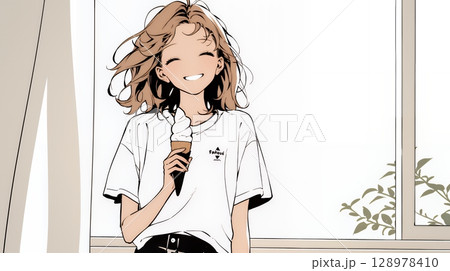 夏空の下でソフトクリーム（コーンに乗ったアイスクリーム）をたべる若い女性（シンプルな色使い）