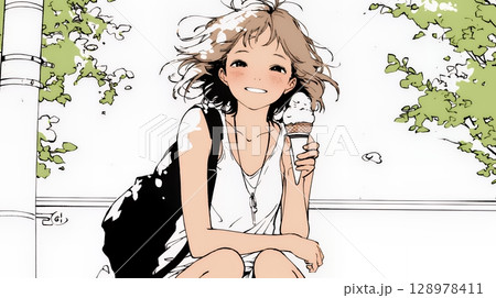夏空の下でソフトクリーム（コーンに乗ったアイスクリーム）をたべる若い女性（シンプルな色使い）