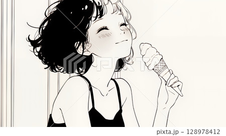 夏空の下でソフトクリーム（コーンに乗ったアイスクリーム）をたべる若い女性（シンプルな色使い）