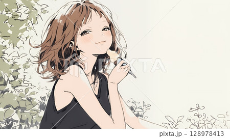 夏空の下でソフトクリーム（コーンに乗ったアイスクリーム）をたべる若い女性（シンプルな色使い）