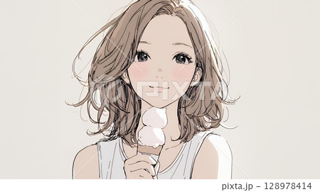 夏空の下でソフトクリーム（コーンに乗ったアイスクリーム）をたべる若い女性（シンプルな色使い）