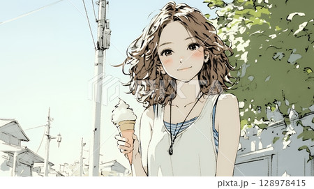 夏空の下でソフトクリーム（コーンに乗ったアイスクリーム）をたべる若い女性（シンプルな色使い）