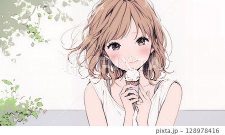 夏空の下でソフトクリーム（コーンに乗ったアイスクリーム）をたべる若い女性（シンプルな色使い）