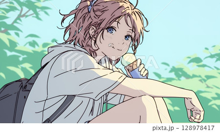 夏空の下でソフトクリーム（コーンに乗ったアイスクリーム）をたべる若い女性（シンプルな色使い）