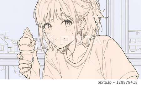 夏空の下でソフトクリーム（コーンに乗ったアイスクリーム）をたべる若い女性（シンプルな色使い）