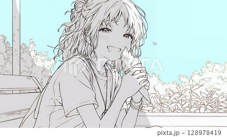 夏空の下でソフトクリーム（コーンに乗ったアイスクリーム）をたべる若い女性（シンプルな色使い）