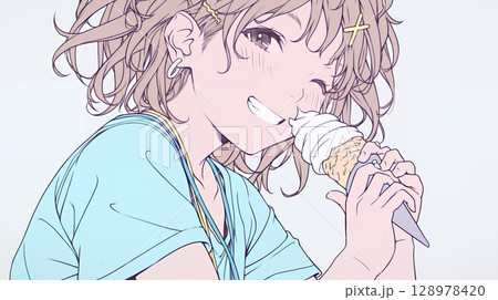夏空の下でソフトクリーム（コーンに乗ったアイスクリーム）をたべる若い女性（シンプルな色使い）