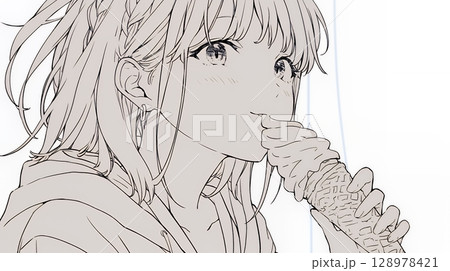 夏空の下でソフトクリーム（コーンに乗ったアイスクリーム）をたべる若い女性（シンプルな色使い）