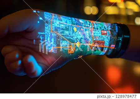 3D holographic map displayed from a wristband illuminates the hand with vibrant city pathways and landmarks during the evening 128978477