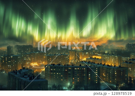 Aurora-like phenomenon illuminates city skyline with vibrant lights against a darkening twilight backdrop 128978519