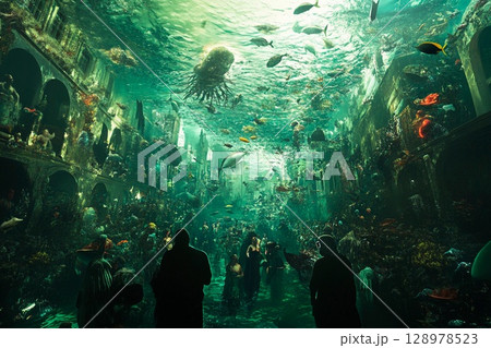 Underwater world inhabited by people and mythical creatures in a submerged cityscape 128978523