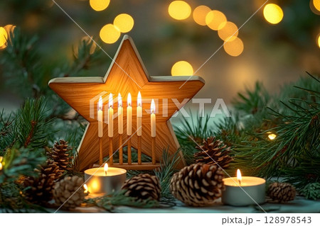 Elegant Hanukkah display with candlestick and glittering decorations in warm evening light 128978543