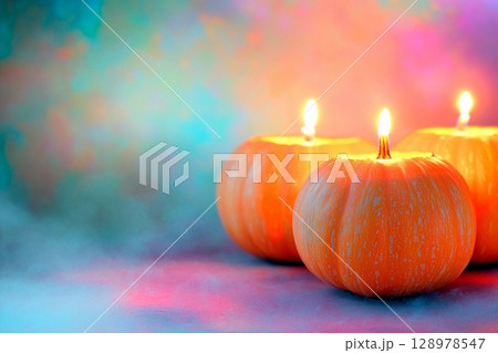 Candle lit Halloween pumpkins glowing in vibrant colors with empty space for festive greetings 128978547