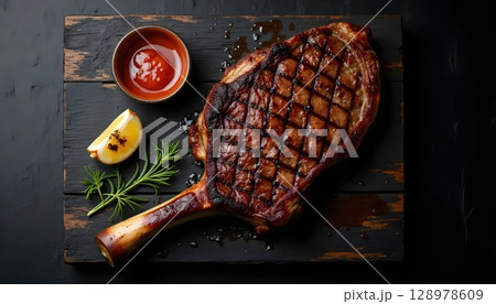 Grilled Garlic And Steak Presentation From Above 128978609