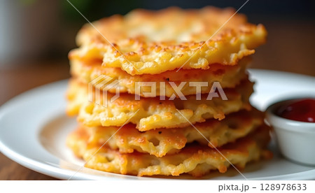 Crispy Hash Browns With Classic Red Ketchup Dip 128978633