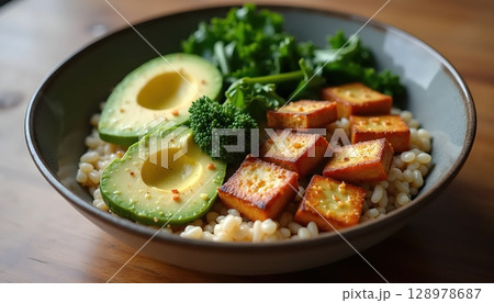Grain Bowl With Tofu Avocado And Kale Grain Bowl With Tofu Avocado And Kale 128978687