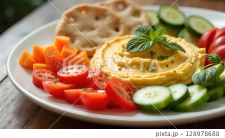 Hummus With Raw Veggie Sticks And Pita Bread 128978688