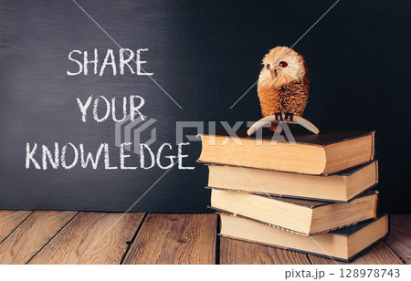 A chalkboard with the words share your knowledge written on it 128978743