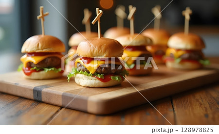 Delicious Burger Sliders Served On Wooden Platter 128978825