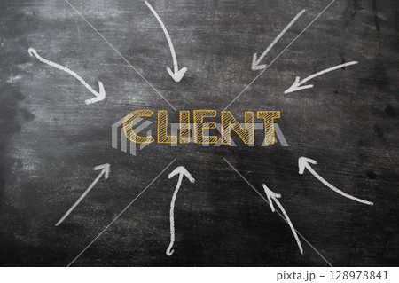A chalkboard with arrows pointing to the word client in the center 128978841
