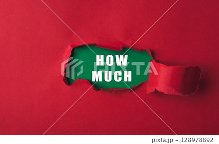 Red background with a green word that says how much in white 128978892