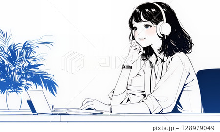 近代的なコールセンターのオフィスで働く女性オペレーター（シンプルな色使い）