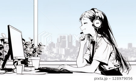 近代的なコールセンターのオフィスで働く女性オペレーター（シンプルな色使い）