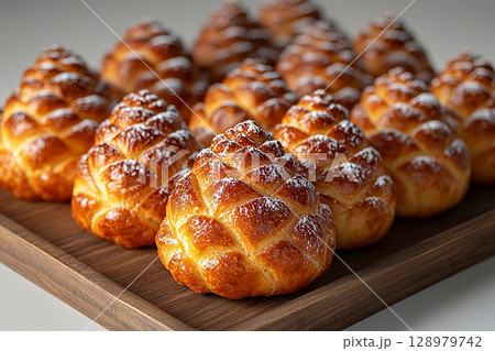 Many baked buns.  Christmas buns in the shape of a pine cone in on a wooden trading tray on a white background. 128979742