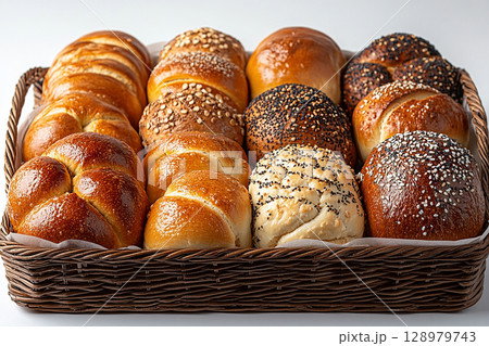 Baked bread trading. Variety of baked buns in on a wooden trading tray on a white background. 128979743