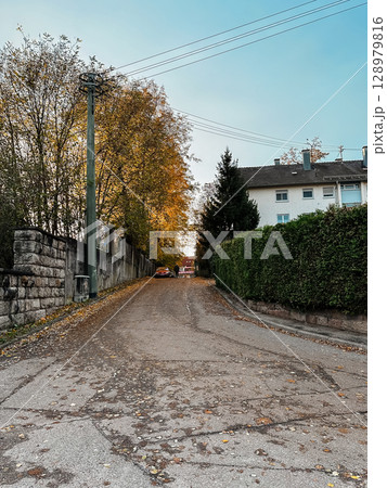 A street with a house on the right and a tree on the left 128979816