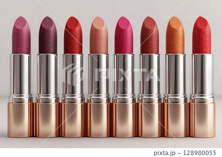 Beauty influencer. Glossy lipstick tubes in various shades arranged in a gradient on white background. Makeup mockup. 128980055