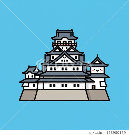 日本の美しい白壁の城！歴史を感じる天守閣イラスト素材 かわいい　地図用素材　イラストマップ 128980159