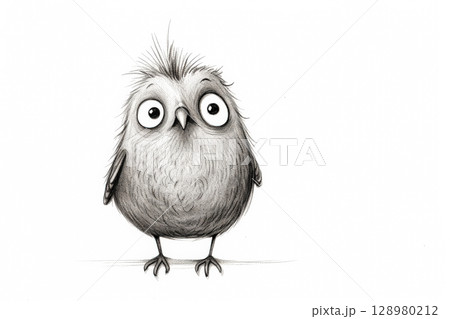 Cartoonish bird with big eyes stands on a white background. 128980212