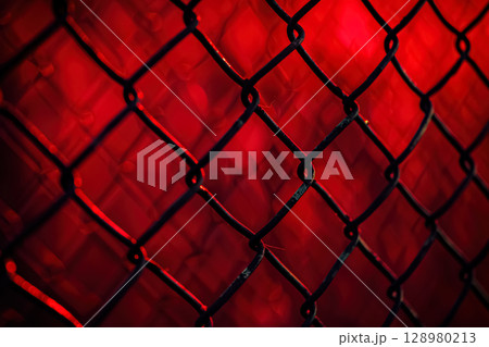 Close up of a red fence with black metal links. 128980213