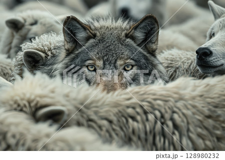 Wolf is standing in front of a herd of sheep. 128980232