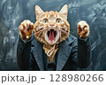 Cat wearing a suit and tie is making a loud noise 128980266