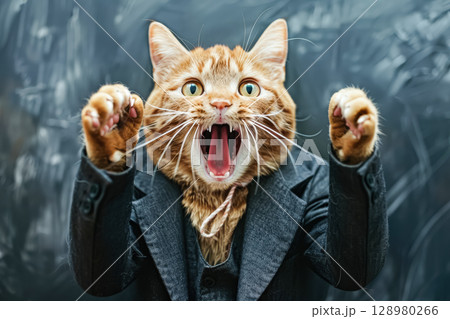 Cat wearing a suit and tie is making a loud noise 128980266