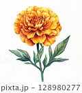 Watercolor painting of a yellow flower with green leaves 128980277