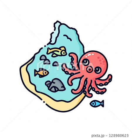 愛知の離島！日間賀島のタコと海の幸が可愛いイラスト素材 イラストマップ用素材 128980623