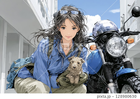 愛犬と一緒にツーリングする女性ライダーのイラスト素材 休憩中の記念撮影シーン 愛犬と一緒にツーリングする女性ライダーのイラスト素材 休憩中の記念撮影シーン 128980630