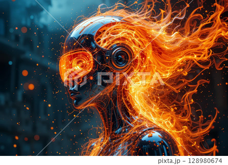 Futuristic Cybernetic Figure Engulfed in Fiery Energy and Vibrant Light. 128980674