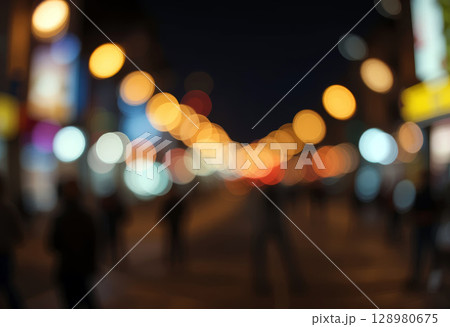 Blurred Night City Street Scene with Colorful Bokeh Lights. 128980675