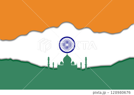 Artistic Representation of Indian Flag with Taj Mahal Silhouette. 128980676