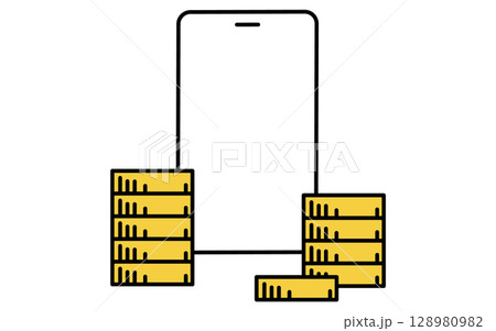 スマホと山になったコインのシンプルな線画アイコン スマホと山になったコインのシンプルな線画アイコン 128980982
