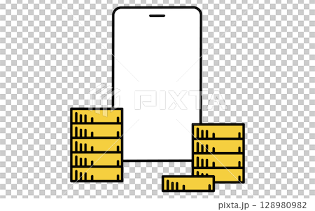 スマホと山になったコインのシンプルな線画アイコン スマホと山になったコインのシンプルな線画アイコン 128980982
