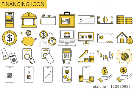 金融アイコン28種セットのシンプルな線画アイソメトリックイラスト 128980985