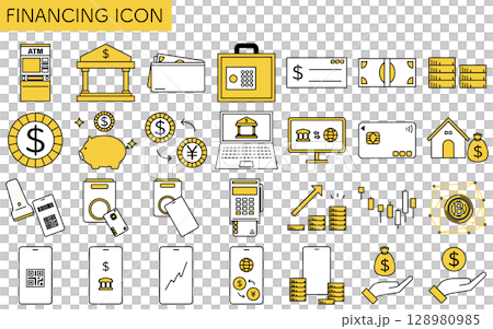 金融アイコン28種セットのシンプルな線画アイソメトリックイラスト 128980985